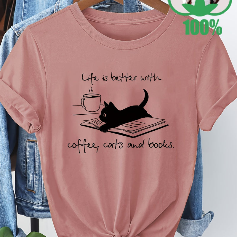 Women’s T-Shirt with a Coffee, Cat, And Book Pattern.
