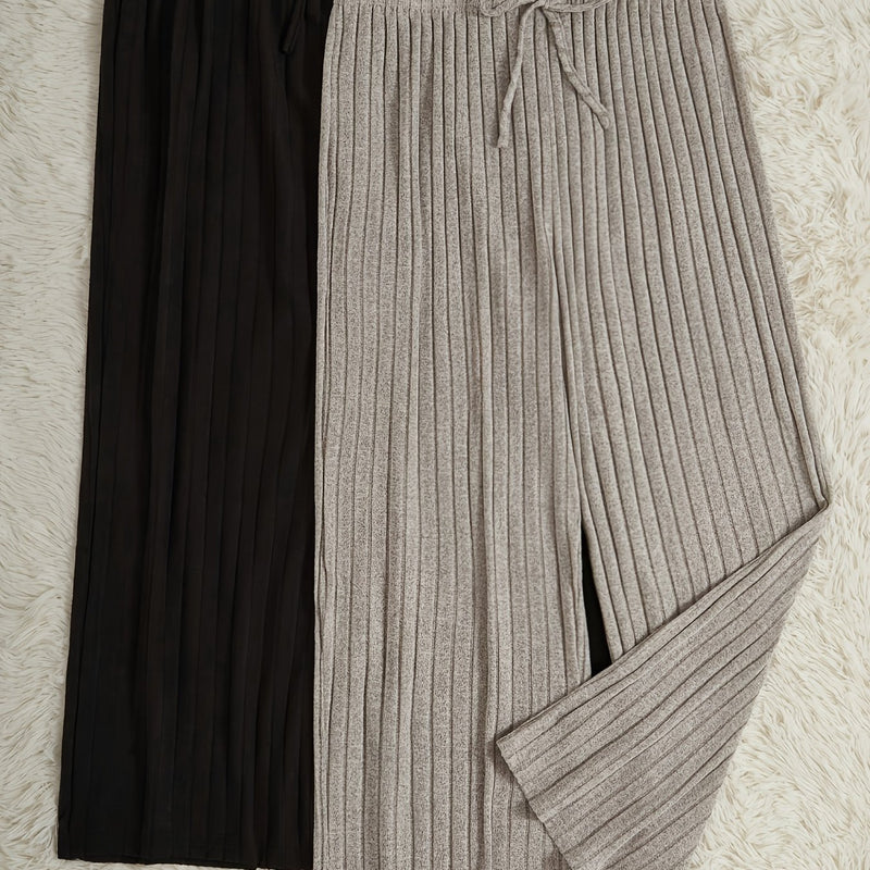 2-Pack Solid Color Fashion Ribbed Casual Wide Leg Women's Pants.
