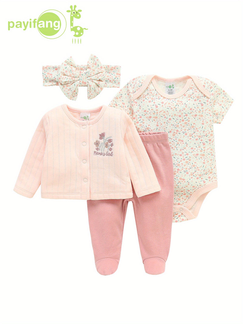 Four-Piece Infant Romper, Long-Sleeve Top, and Footed Pants Set.