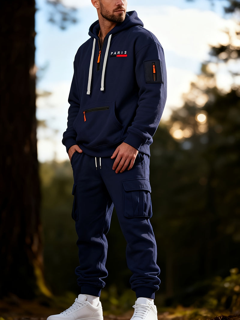 Men's Halloween Paris Letter Print Hoodie & Drawstring Cargo Jogger.