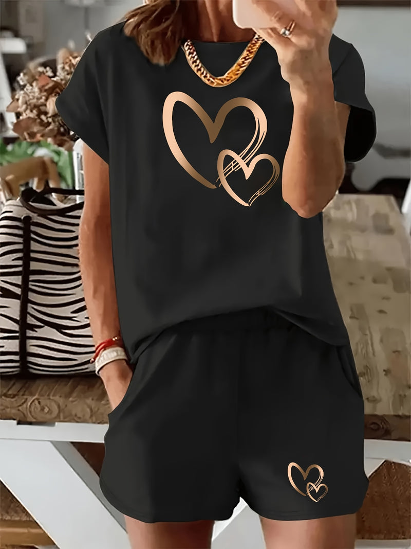 Women's Sporty Two-Piece Set: Round Neck Short Sleeve T-Shirt + Pocketed Shorts.