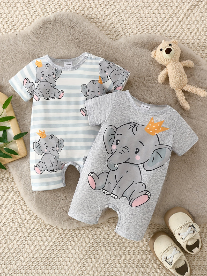 Two Sets of Baby Short-Sleeve Bodysuits with Elephant Patterns.