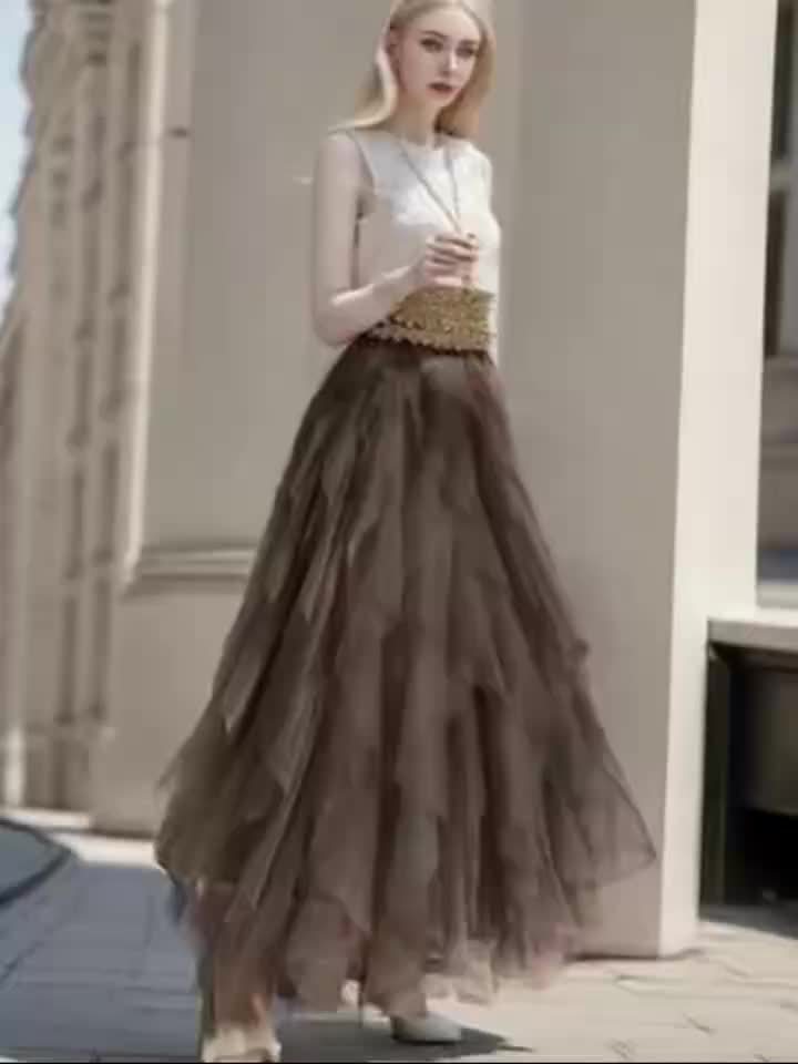 Women’s Irregular High-Waisted A-Line Tulle Skirt, Layered Tulle Skirt.