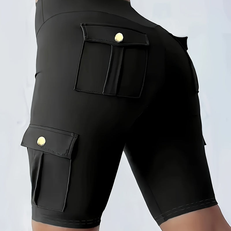 High-Waist Women's Solid Color Athletic Yoga Cargo Shorts for Exercise & Fitness.