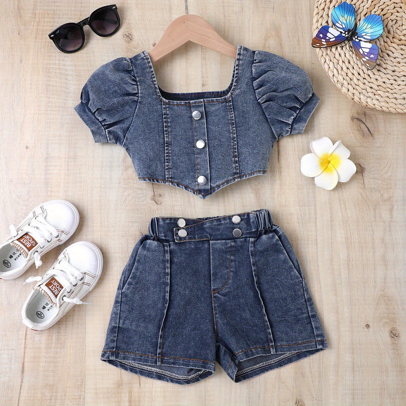 Girls Casual Trendy Stylish Y2K Denim Cropped Top & Shorts Set For Summer Holiday.