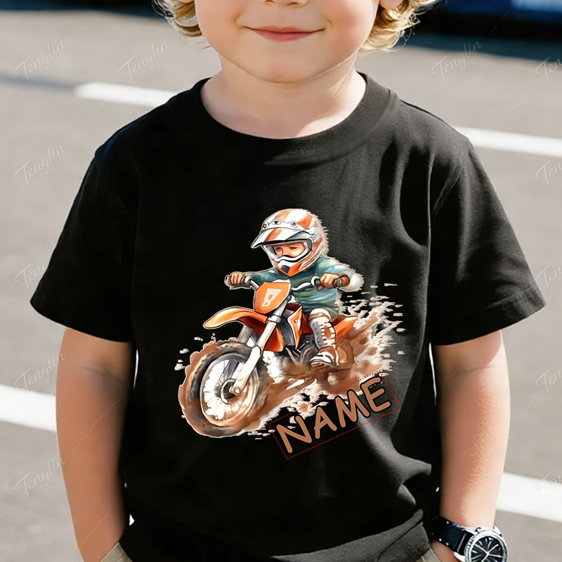 Custom Motorcycle Print Short Sleeve T-Shirt for Boys and Girls.