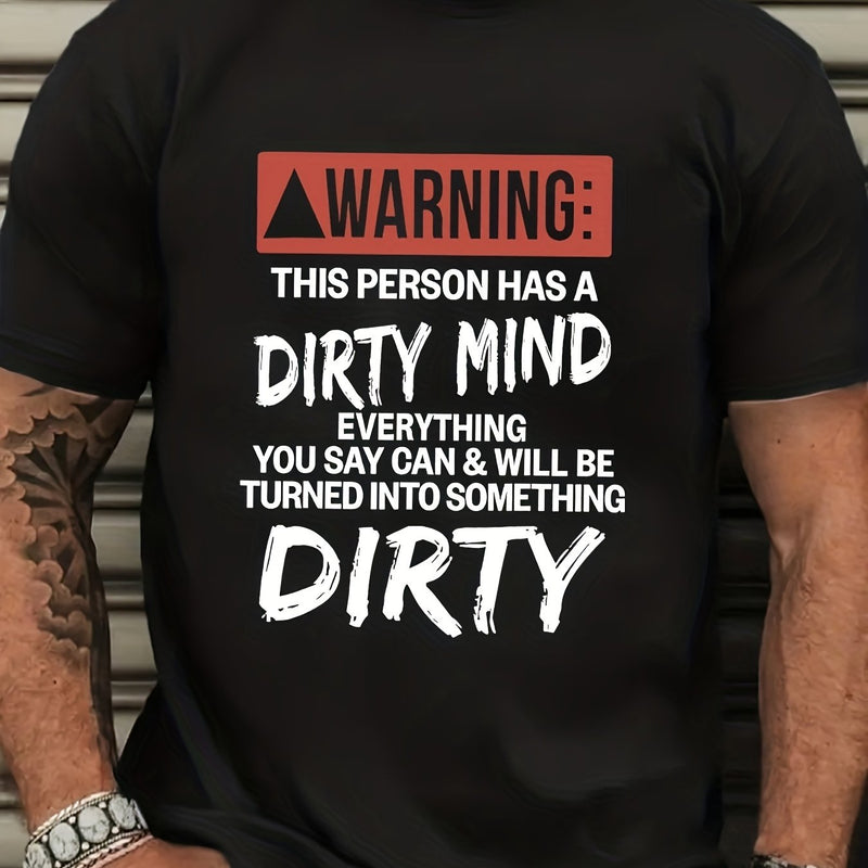 Men's Letter Graphic T-Shirt - Black with Bold White And Red Warning Prints.