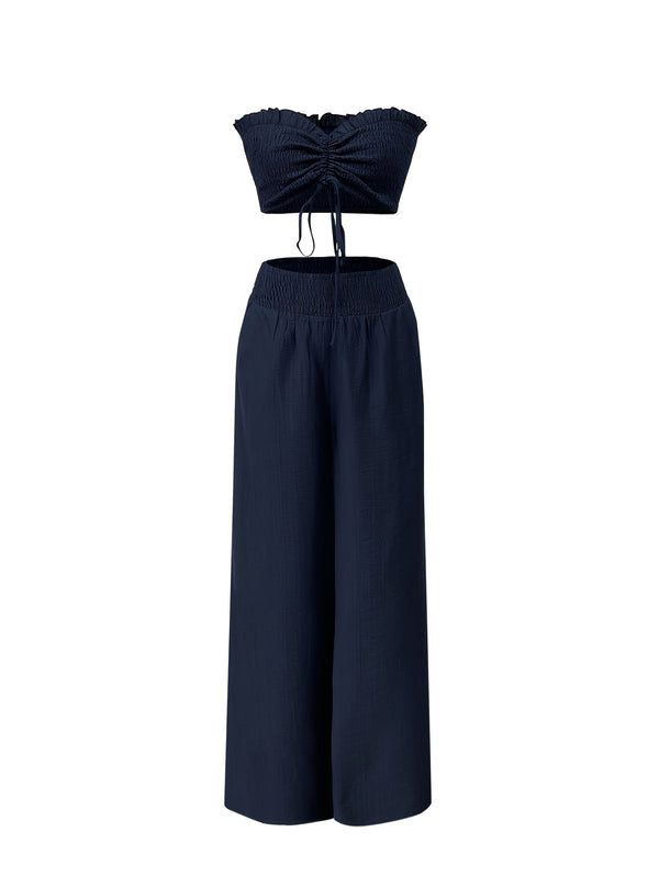 Women’s Two-Piece Set Featuring a Sleeveless Drawstring Crop Top Paired with Long Pants.
