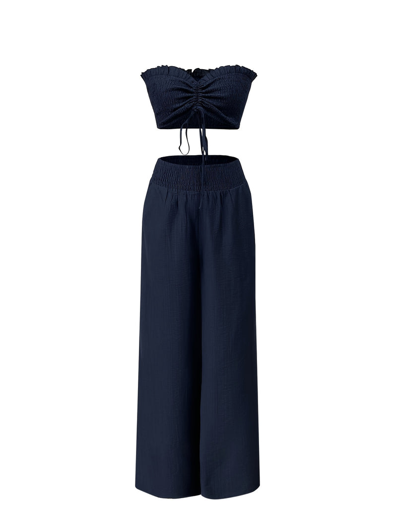 Women’s Two-Piece Set Featuring a Sleeveless Drawstring Crop Top Paired with Long Pants.