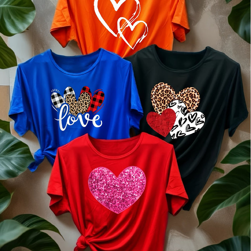 A Set of Four Diverse Heart-Patterned T-Shirts for Women.