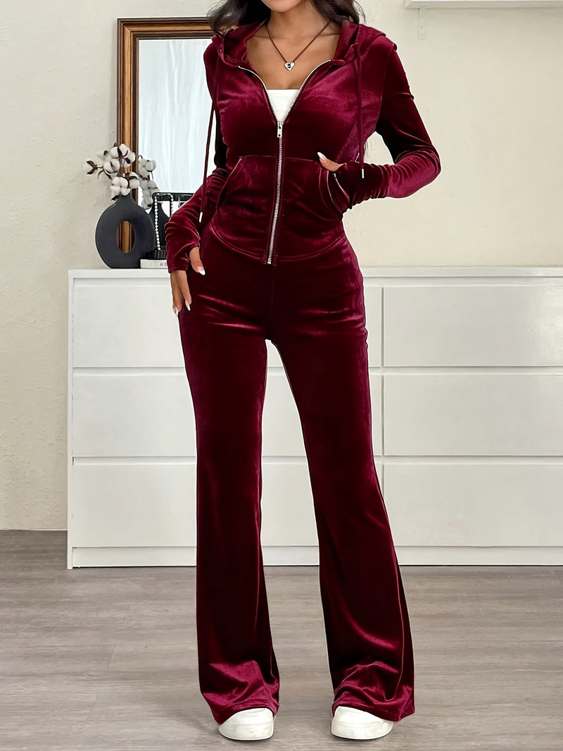 Women's Hooded Zip-Up Top and Slim Fit Pants Solid Color 2pcs Set.