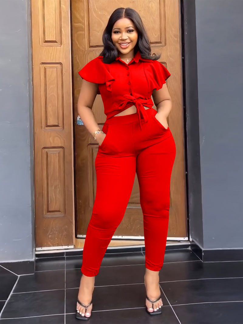 Women’s Single-Breasted Lapel Top, Tie-Up Two-Piece Set.