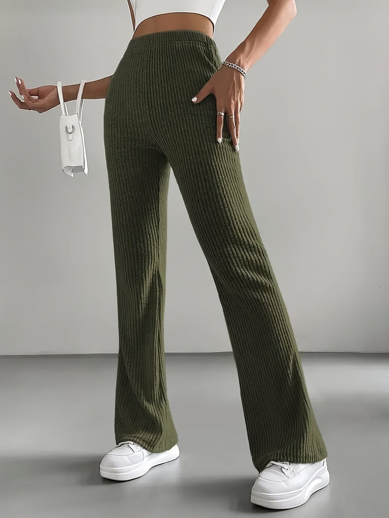 Women’s 2pcs Set Ribbed Simple Striped Casual Solid Color Straight-Leg Wide-Leg Pants.