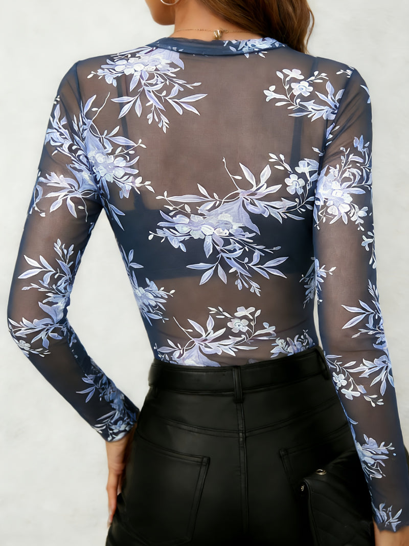 New Stylish Elegant Minimalist See-Through Mesh Blue Floral Crew Neck.