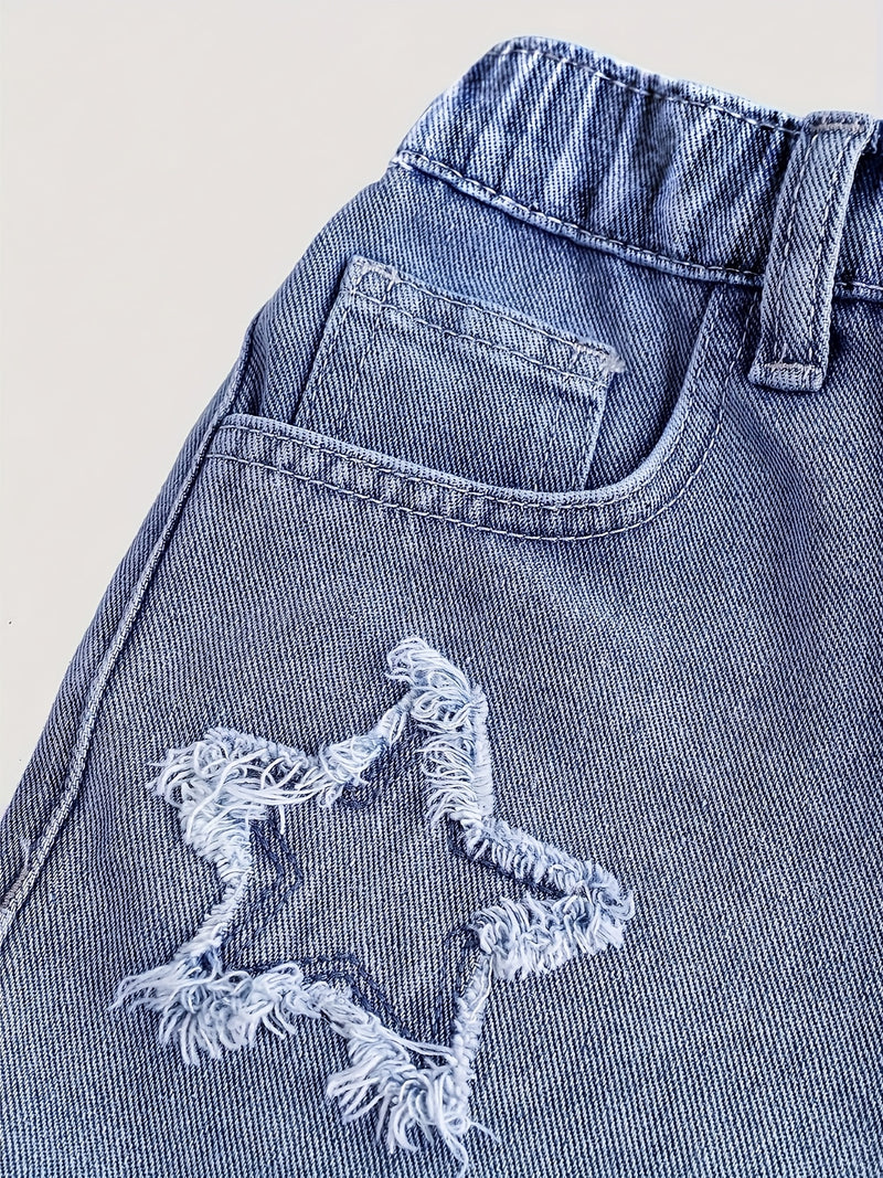 Girls' Faux Denim Shorts - Stylish Deep Blue Faux Denim with Star Patch Design.