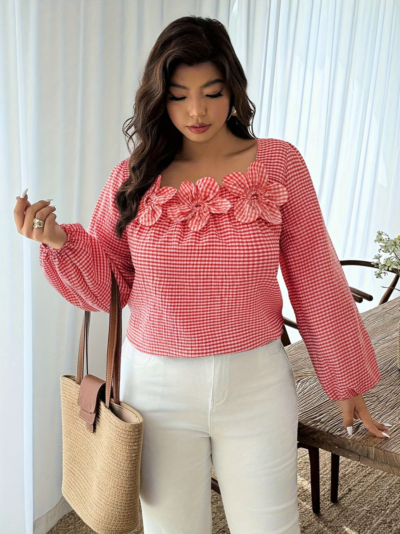 Plus Size Checkered Floral 3D Decorative Long Sleeve Women's Autumn Shirt.