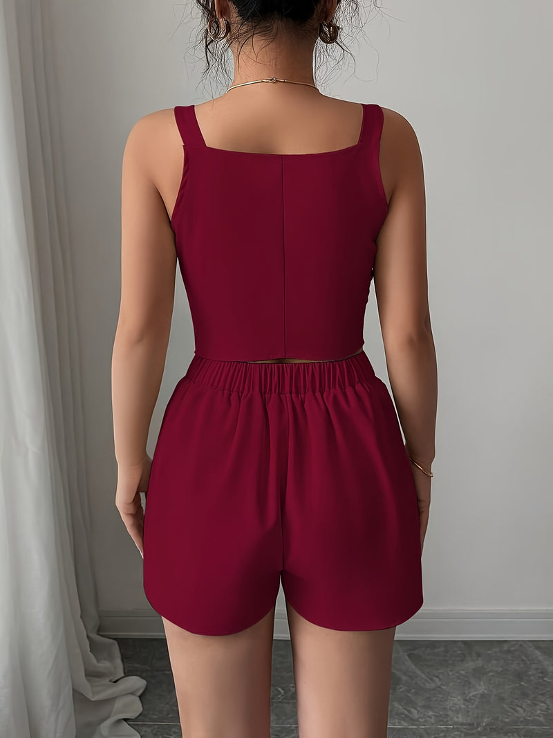 Women's Casual Commuter Simple Solid Color Front Button Vest + Shorts 2pcs.