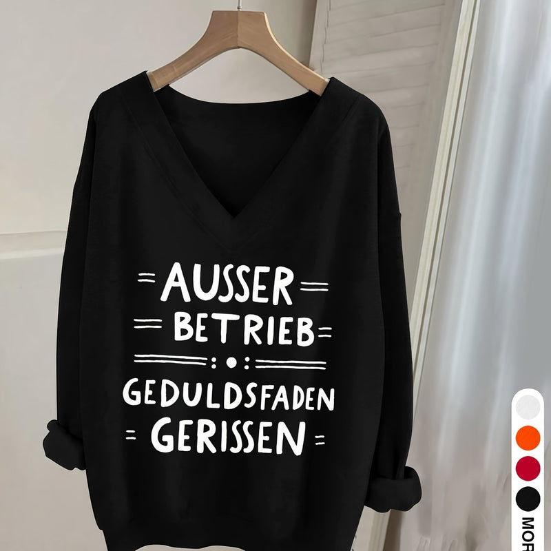 Women's Pink V-Neck Long Sleeve Sweater with German Letter Print.