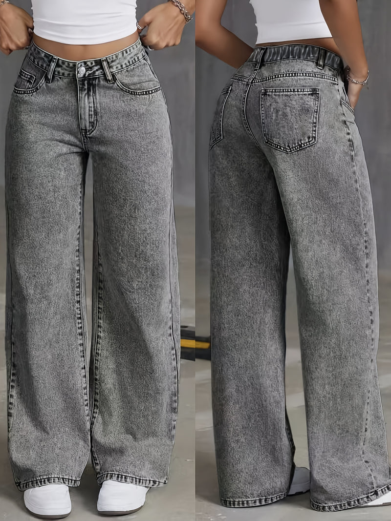 Women's High Waisted Wide Leg No Stretch Vintage Washed Jeans.