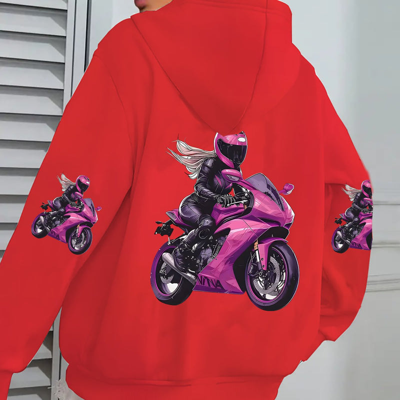 Ladies' Zipper Hoodie, Handsome Female Rider Cycling Pattern.