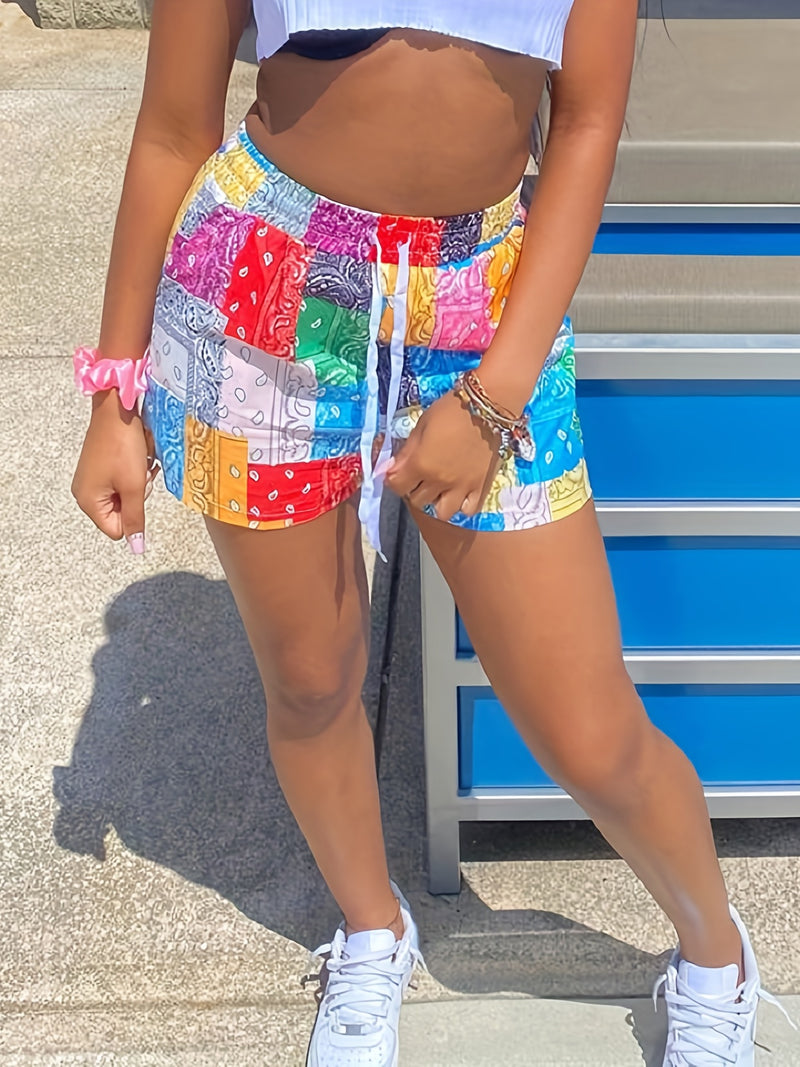 Boho Paisley Print Drawstring Shorts, Casual Shorts For Spring & Summer.