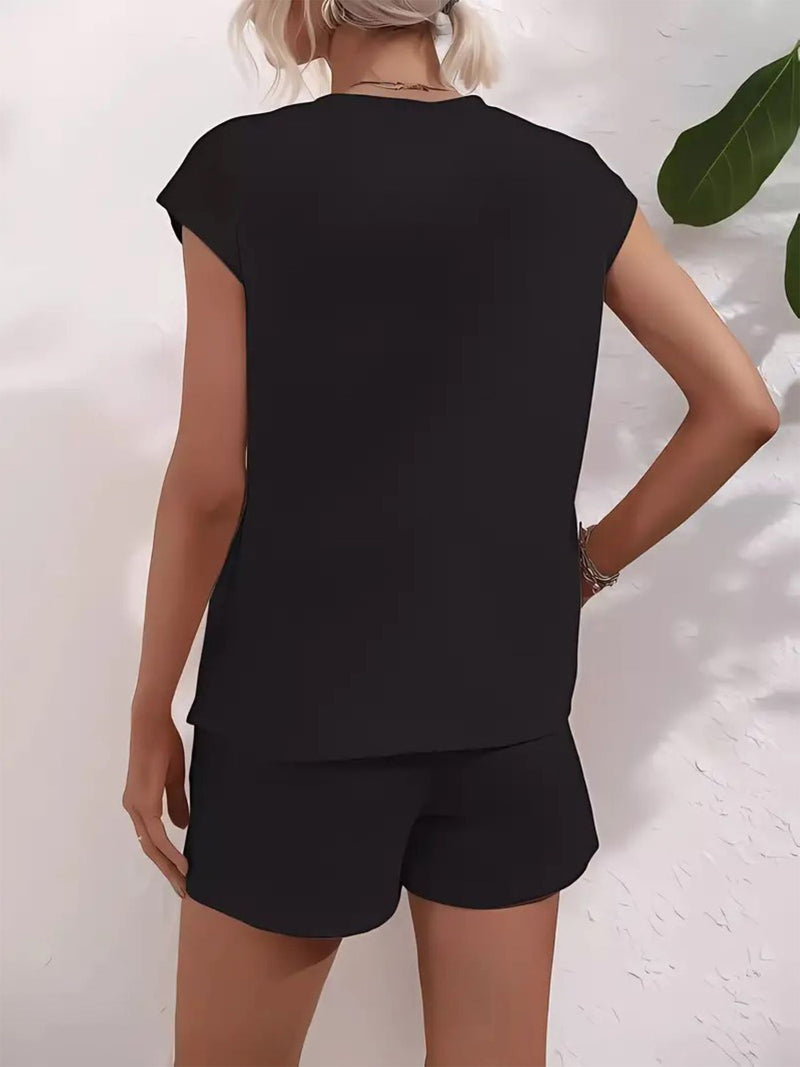 Women's Casual Sleeping Dinosaur Graphic Tee and Shorts.