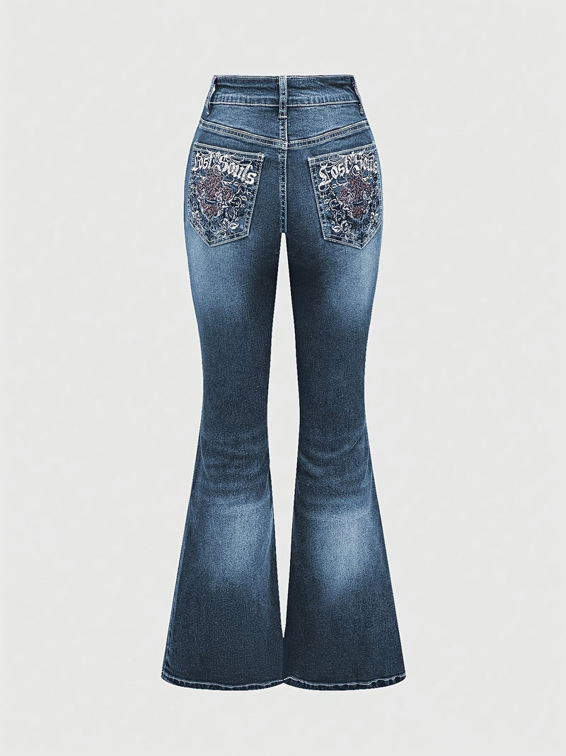 Women's Stretchy Embroidered Flared Trousers.