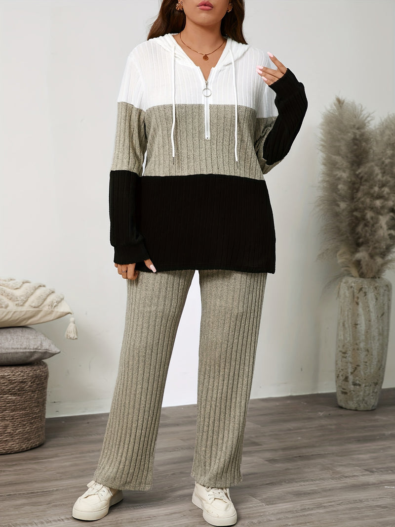 Women's Ribbed Casual Patchwork Hoodie Set.