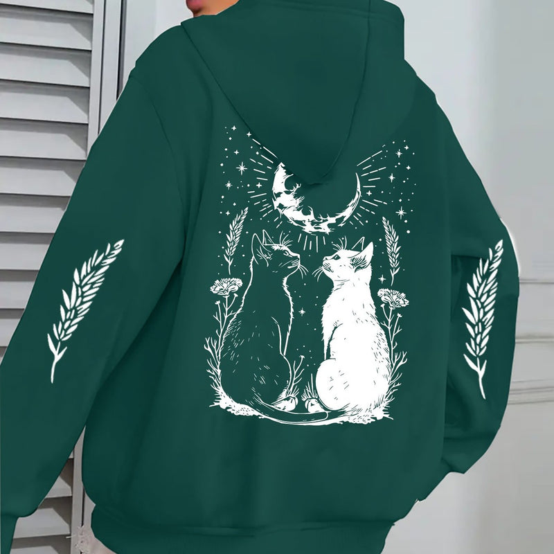 Cat Print Casual Zip-up Hoodie with Pockets.