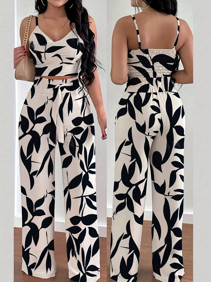 2pcs Women's Elegant Floral Print Spaghetti Strap.