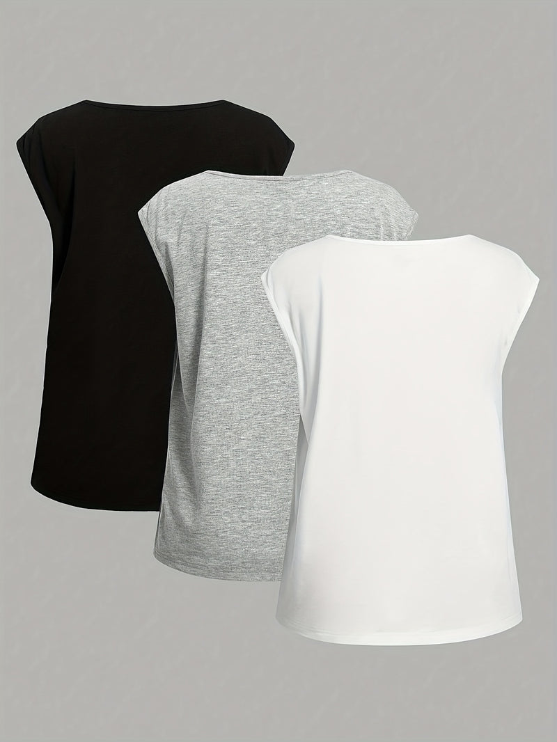 3pcs Set of Casual Floral, Heart, And Leopard Print Round Neck Fitted T-Shirts for Women.