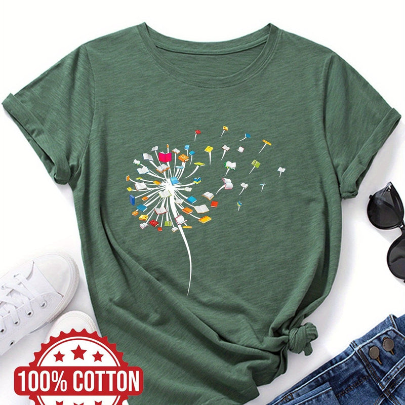 Women's "Dandelions and Books" Graphic T-Shirt.