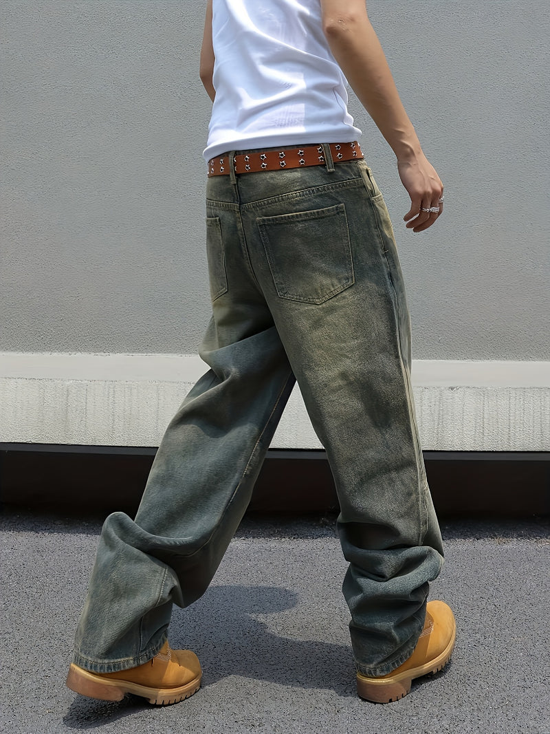 Men's Black Wide-Leg Loose-Fitting Jeans That Drag on The Ground.