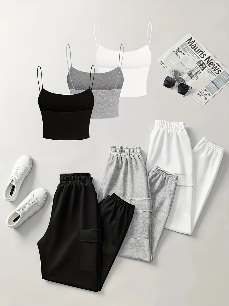 Set of 6 Items Including a Women's Thin Strap Tank Top And Solid Color Long Pants.