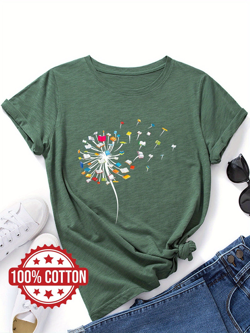 Women's "Dandelions and Books" Graphic T-Shirt.