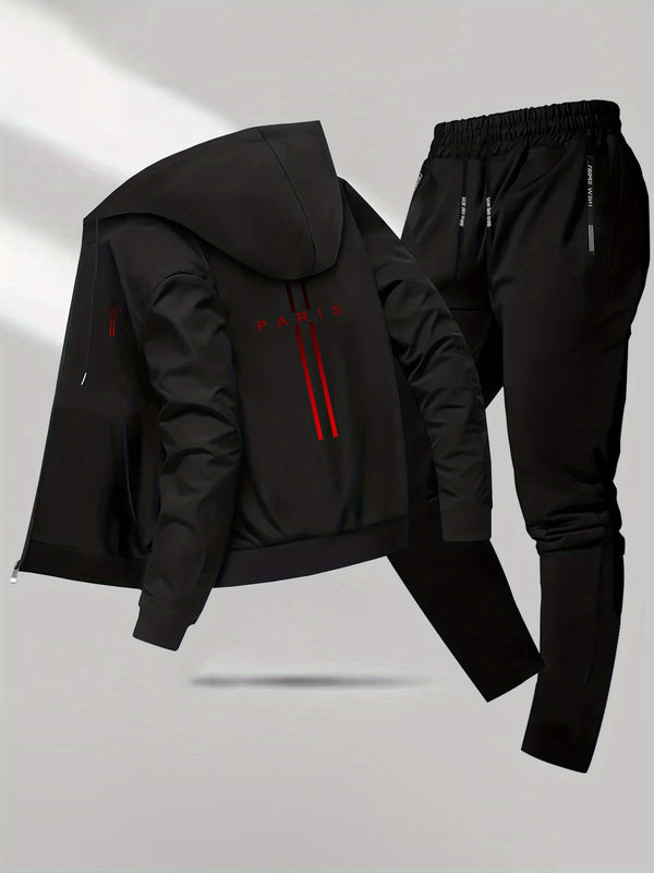 Men's 2pcs Slim-Fit Winter Jacket & Pants Suit with Paris Lettering.