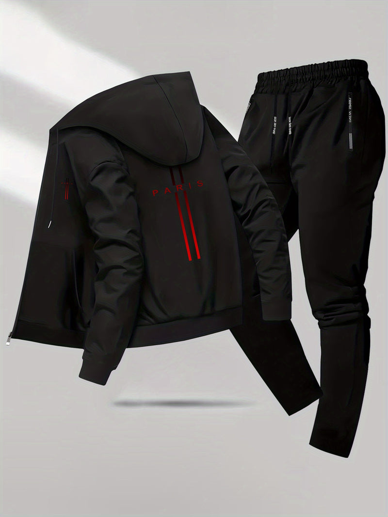 Men's 2pcs Slim-Fit Winter Jacket & Pants Suit with Paris Lettering.