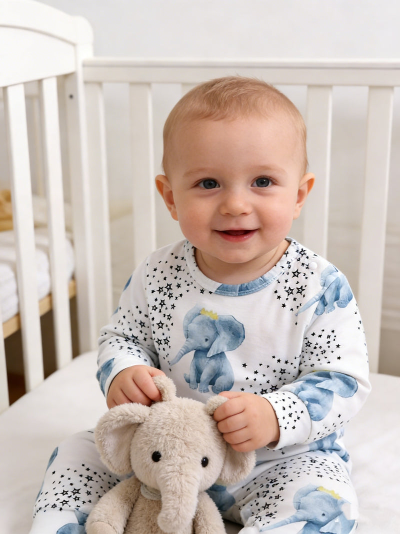 Cute Baby Elephant Water Play Pattern Long-Sleeve Romper.