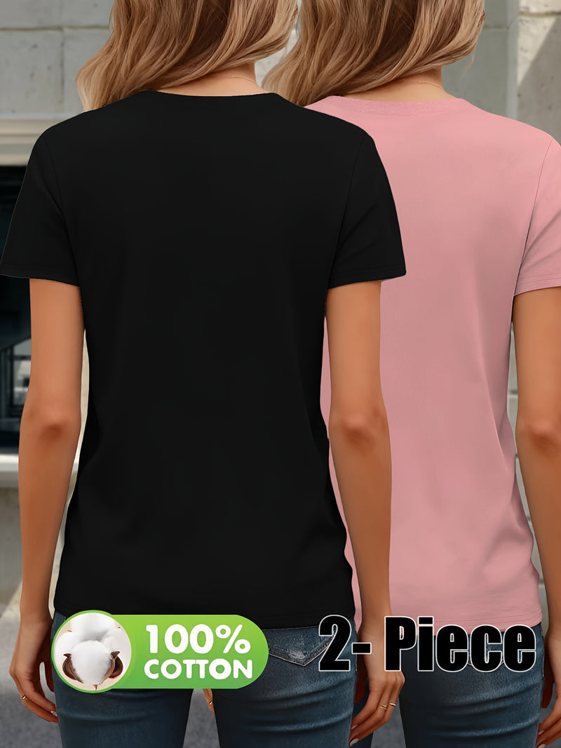 Women’s Fashion Solid Color Short Sleeve T-Shirt Two-Pack.