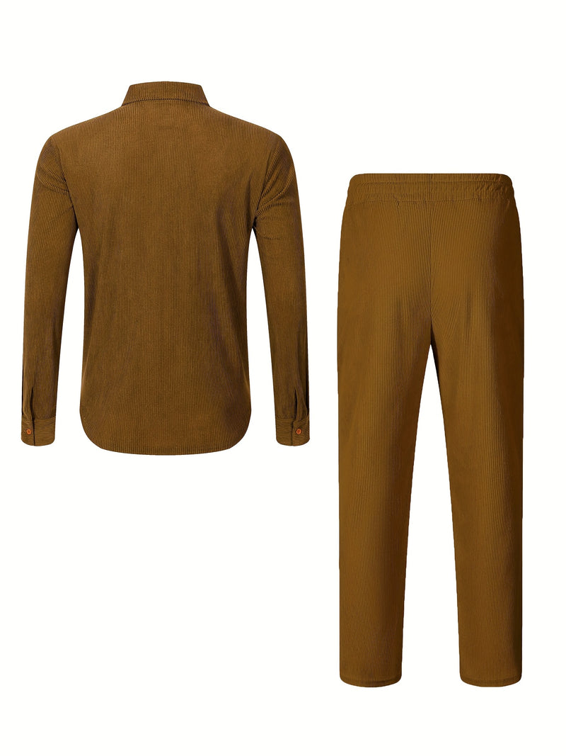 Men'S Casual Two-Piece Set - Olive Green Corduroy  Shirt & Pants.
