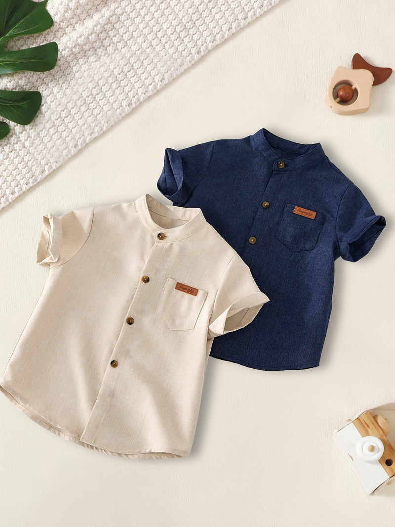 2pcs Boys Summer Stand Collar Short Sleeve Shirts.