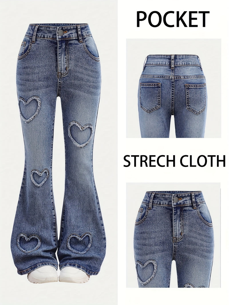 Women's Stretchy Personalized Ripped Heart-Decorated Flared Pants.