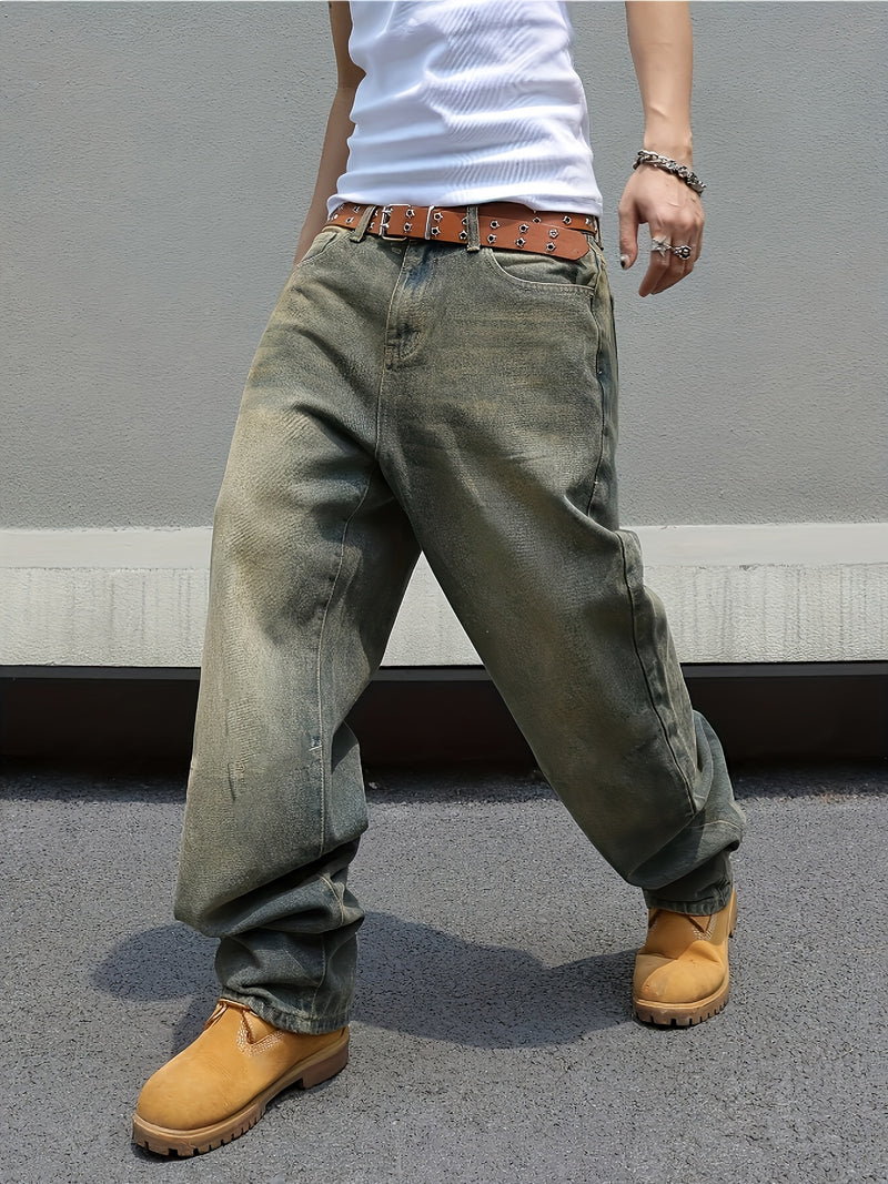 Men's Black Wide-Leg Loose-Fitting Jeans That Drag on The Ground.