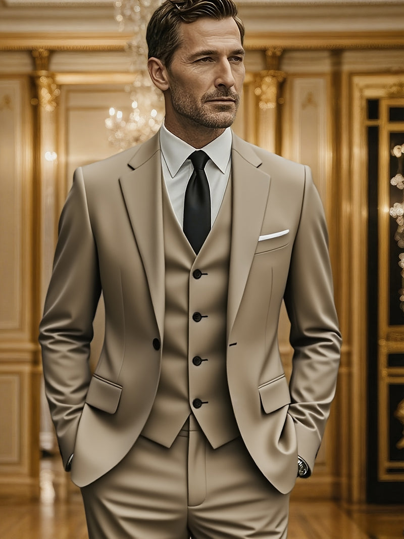 3pcs Suit Set for Men, Single-Breasted One-Button Black Suit And Trousers Set.