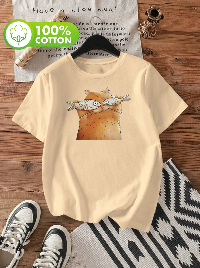 Women's Short-Sleeve T-Shirt with Cute Kitten & Cat Paw Print.