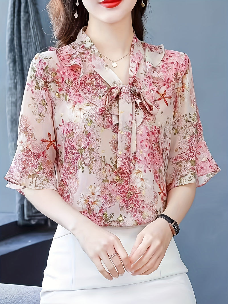 Women's Floral Print V-Neck Blouse.