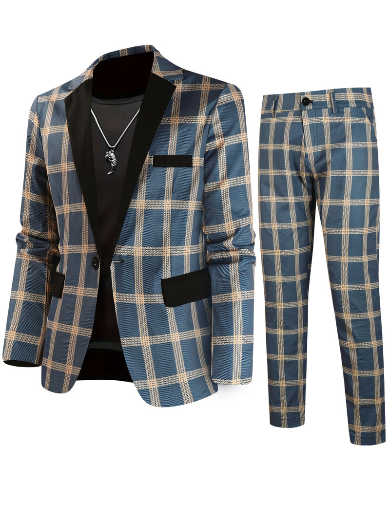 2pcs Men'S Casual Fashion Patchwork Plaid Suit | Non-Stretch Fabric.