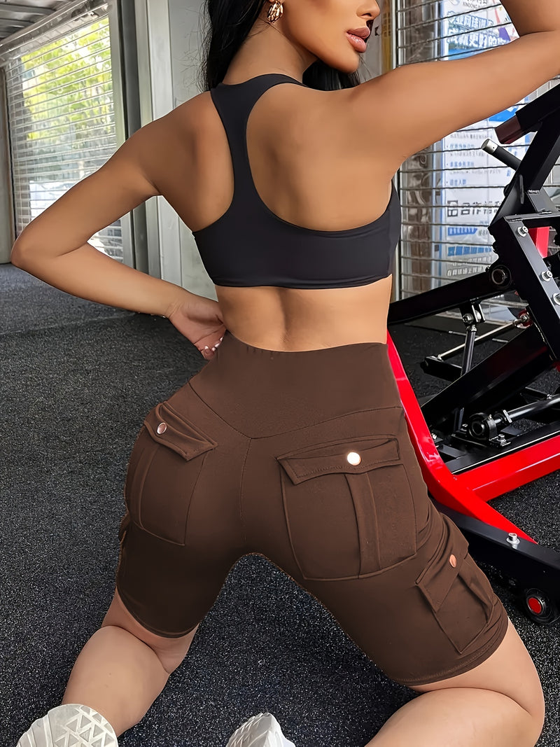 High-Waist Women's Solid Color Athletic Yoga Cargo Shorts for Exercise & Fitness.