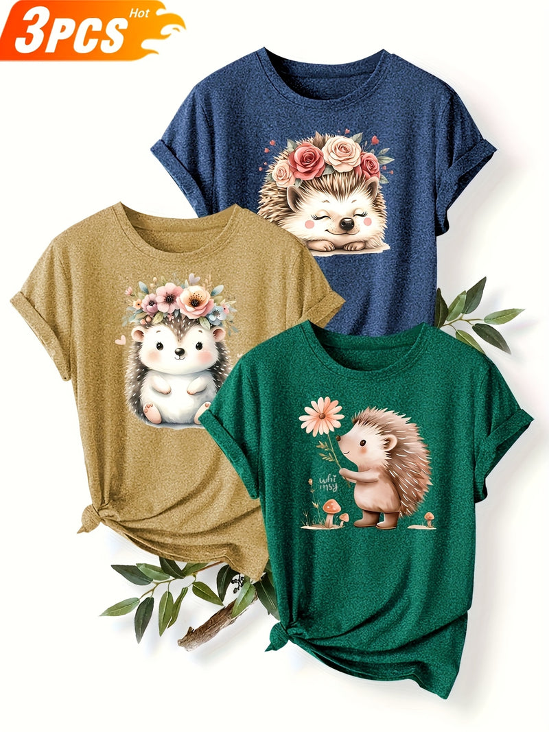 3pcs Women's Cute Hedgehog Graphic T-Shirts.