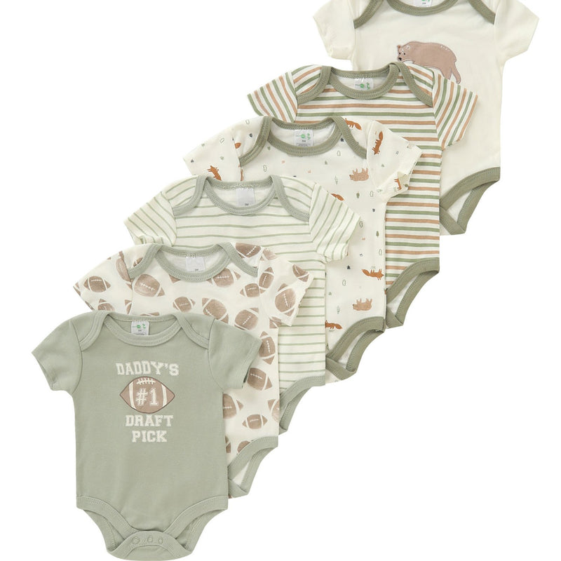 A Set of 6 Newborn Baby Bodysuits Featuring Little Bear Embroidery.